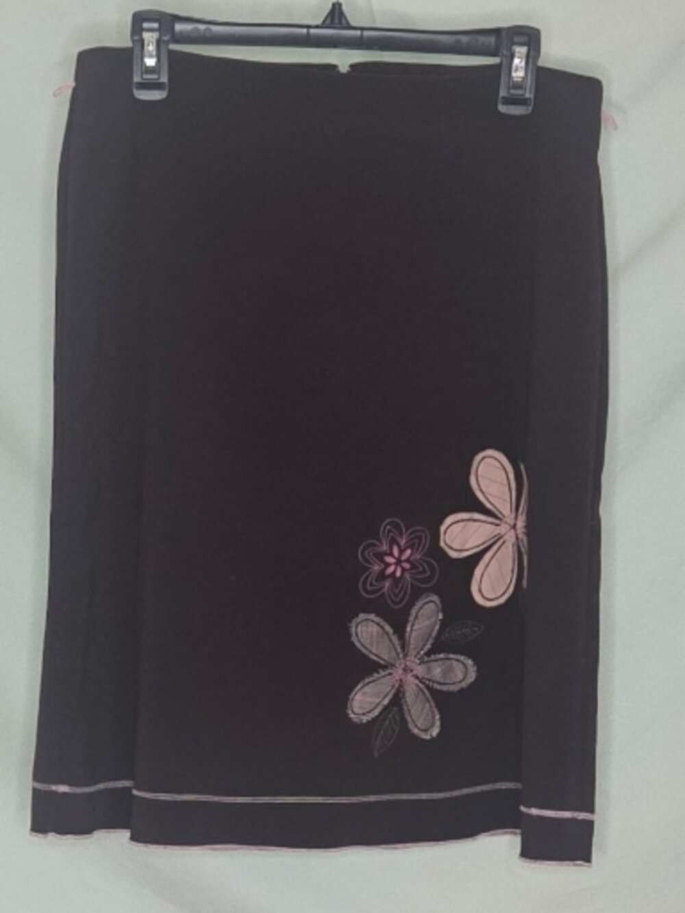 Heart & Soul knee-length skirt, brown w/pink flowers appliqued